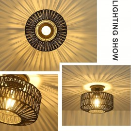 1pc Bohemian Style Semi-Flush Mount Ceiling Light Fixture, Hand-Woven Rattan Shade, Modern Metal Framed, Energy-Efficient, Hard-Wired, E26 Medium Bulb Base, for Bedroom, Living Room, Kitchen, Hallway - No Light Source Included