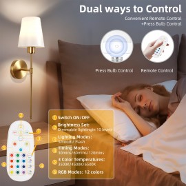 2-Pack Rechargeable Wall Lamp with Remote Control, Black/Golden Battery Powered Wall Light with Cordless White Fabric Shade, Non-Hardwired for Living Room, Bedroom, Hallway Decor (Color Adjustable), Wall Lights for Living Room, Bedroom Lighting, Modern Lighting, Durable Lighting