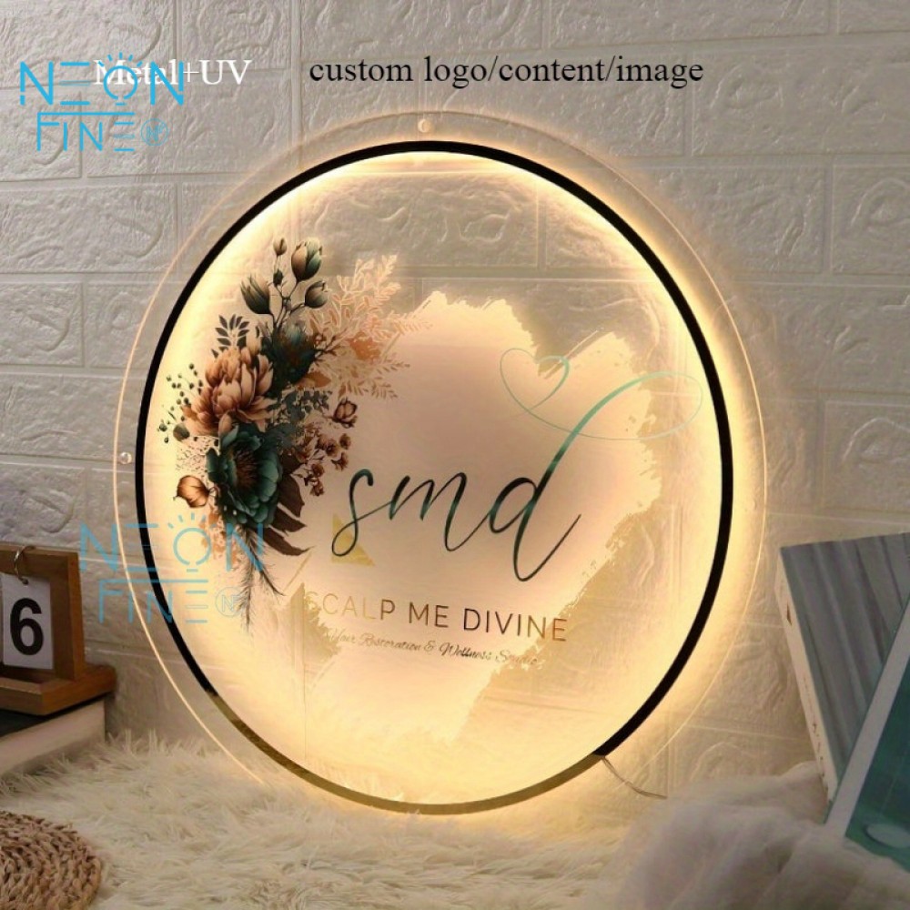 Custom LED Backlit Acrylic Wall Sign - USB Powered Adjustable Brightness, with Personalized UV Printing, Round Design and Floral Pattern Suitable for Salon, Office, Store Decoration, Custom Decorative Sign | Personalized Sign | Polished Surface, Wall Hanging Neon Light, Led Screen For Advertising, Business Sign, Neon Light, Neon Sign For Wall, Neon Sign