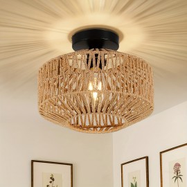 1pc Bohemian Style Semi-Flush Mount Ceiling Light Fixture, Hand-Woven Rattan Shade, Modern Metal Framed, Energy-Efficient, Hard-Wired, E26 Medium Bulb Base, for Bedroom, Living Room, Kitchen, Hallway - No Light Source Included