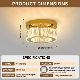 Modern Crystal Ceiling Light, 1pc - Golden or Silvery, Semi-Flush Mount Installation, for Switch Control, Ideal for Bedroom, Living Room, Dining Room, Bar - Includes Installation Hardware, Ceiling Light for Living Room