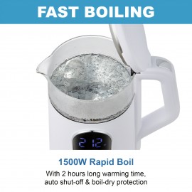 Tesslux Electric Kettle, 57.48oz/ 1500W Water Boiler Heater with Temperature Control, BPA-Free, 4 Preset Heating Programs, Glass Boiling Tea Maker, White, Camping Must Haves, Kitchen Accessories