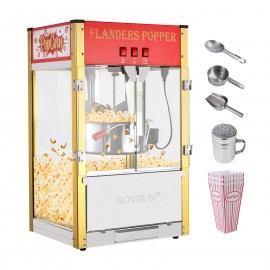 The popcorn machine is equipped with an 8-ounce water bottle and can make up to 32 cups. It is a commercial popcorn machine with a tabletop, featuring a stainless steel spoon, an oil spoon and 3 popcorn cups. It is suitable for home theaters and is black