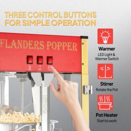 The popcorn machine is equipped with an 8-ounce water bottle and can make up to 32 cups. It is a commercial popcorn machine with a tabletop, featuring a stainless steel spoon, an oil spoon and 3 popcorn cups. It is suitable for home theaters and is black
