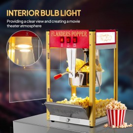 The popcorn machine is equipped with an 8-ounce water bottle and can make up to 32 cups. It is a commercial popcorn machine with a tabletop, featuring a stainless steel spoon, an oil spoon and 3 popcorn cups. It is suitable for home theaters and is black