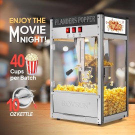 The popcorn machine is equipped with an 8-ounce water bottle and can make up to 32 cups. It is a commercial popcorn machine with a tabletop, featuring a stainless steel spoon, an oil spoon and 3 popcorn cups. It is suitable for home theaters and is black