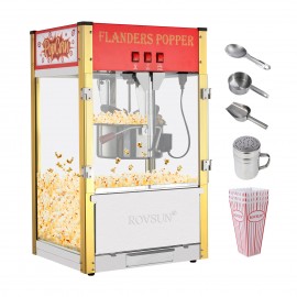 The popcorn machine is equipped with an 8-ounce water bottle and can make up to 32 cups. It is a commercial popcorn machine with a tabletop, featuring a stainless steel spoon, an oil spoon and 3 popcorn cups. It is suitable for home theaters and is black