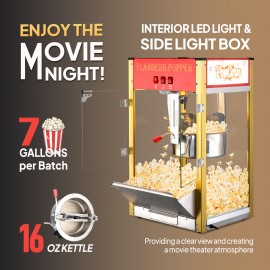 The popcorn machine is equipped with an 8-ounce water bottle and can make up to 32 cups. It is a commercial popcorn machine with a tabletop, featuring a stainless steel spoon, an oil spoon and 3 popcorn cups. It is suitable for home theaters and is black