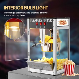 The popcorn machine is equipped with an 8-ounce water bottle and can make up to 32 cups. It is a commercial popcorn machine with a tabletop, featuring a stainless steel spoon, an oil spoon and 3 popcorn cups. It is suitable for home theaters and is black