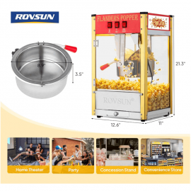 The popcorn machine is equipped with an 8-ounce water bottle and can make up to 32 cups. It is a commercial popcorn machine with a tabletop, featuring a stainless steel spoon, an oil spoon and 3 popcorn cups. It is suitable for home theaters and is black